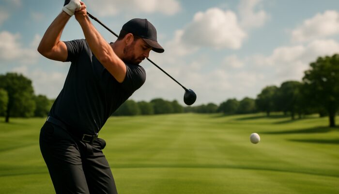 Golfer striking a low-spin golf ball soaring straight over a lush fairway for improved distance and control.