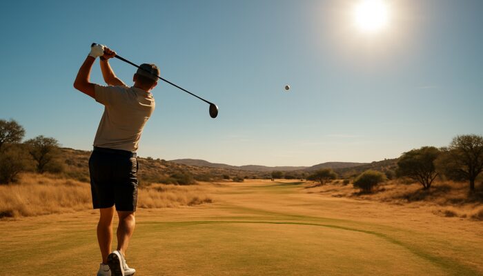 Golfer swings a low-spin ball on a sun-drenched South African course under a scorching summer sky.